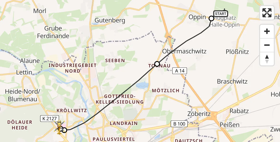 Flugroute Rettungshubschrauber Halle-Oppin Flugplatz - Halle (Saale) University Hospital, 20 April 2026, 06:42