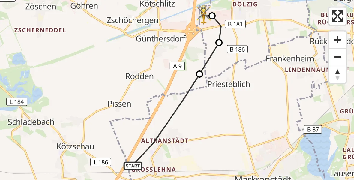 Flugroute Rettungshubschrauber Markranstädt - ADAC Air Rescue Station Leipzig/Schkeuditz-Dölzig Hubschrauberlandeplatz (Christoph 61), 20 April 2026, 06:44