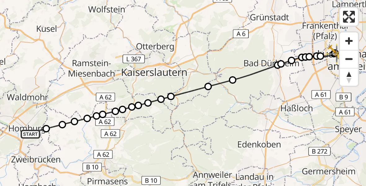 Flugroute Rettungshubschrauber Homburg - Ludwigshafen Accident Hospital, 20 April 2026, 06:51