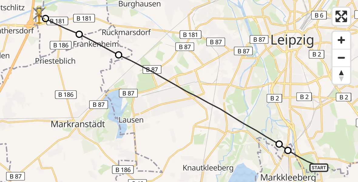 Flugroute Rettungshubschrauber Leipzig - ADAC Air Rescue Station Leipzig/Schkeuditz-Dölzig Hubschrauberlandeplatz (Christoph 61), 20 April 2026, 06:52