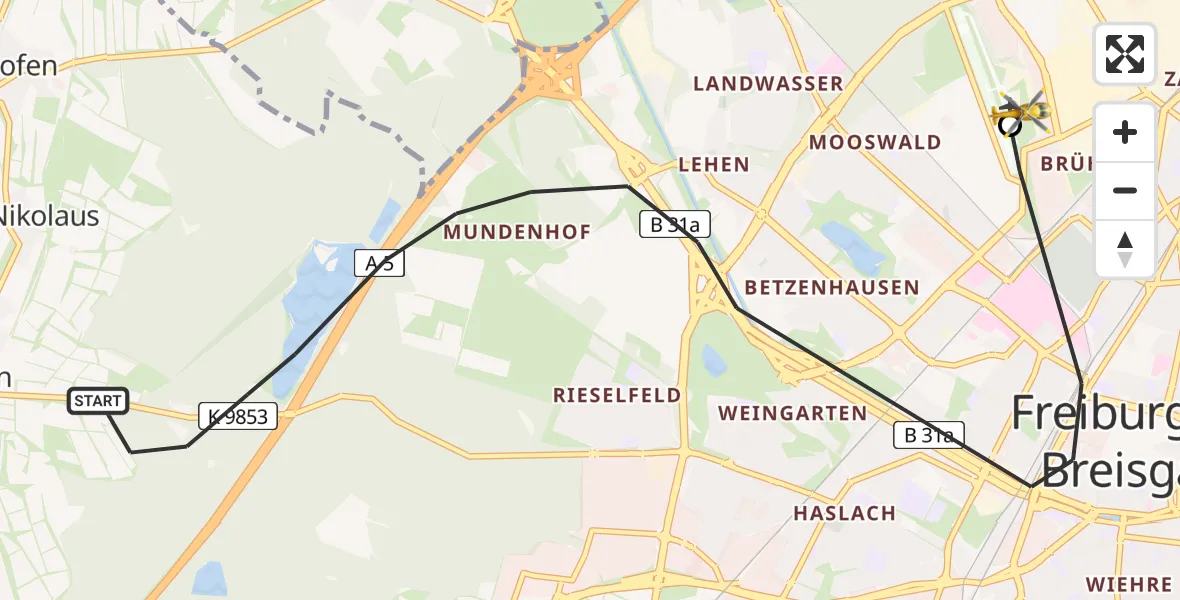 Flugroute Rettungshubschrauber Freiburg im Breisgau - Freiburg im Breisgau Flugplatz, 20 April 2026, 07:03