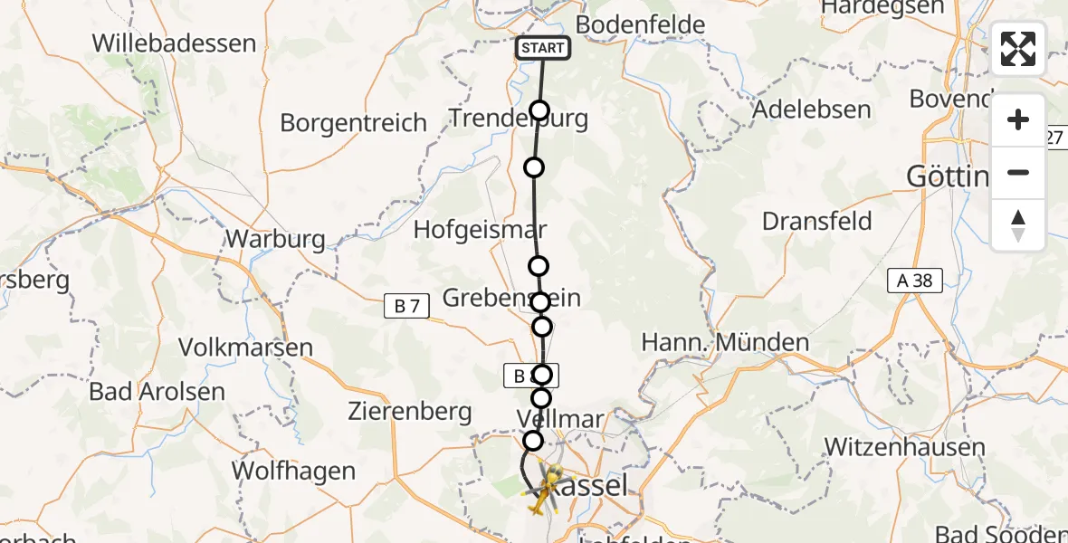 Flugroute Rettungshubschrauber Bad Karlshafen - Kassel, 20 April 2026, 07:05