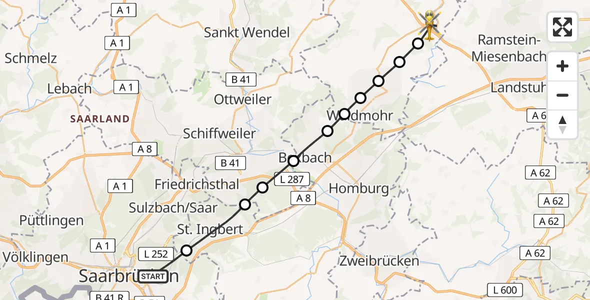 Flugroute Rettungshubschrauber Saarbrücken - Glan-Münchweiler, 20 April 2026, 07:17