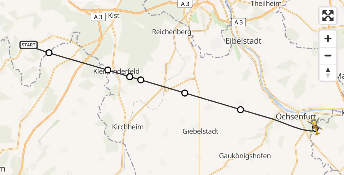 Flugroute Rettungshubschrauber Altertheim - Ochsenfurt Hospital Hubschrauberlandeplatz, 20 April 2026, 07:18