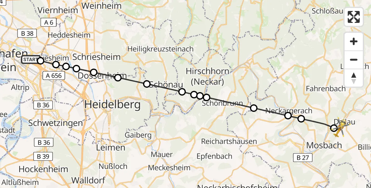 Flugroute Rettungshubschrauber Mannheim-City Flughafen - Elztal, 20 April 2026, 07:39