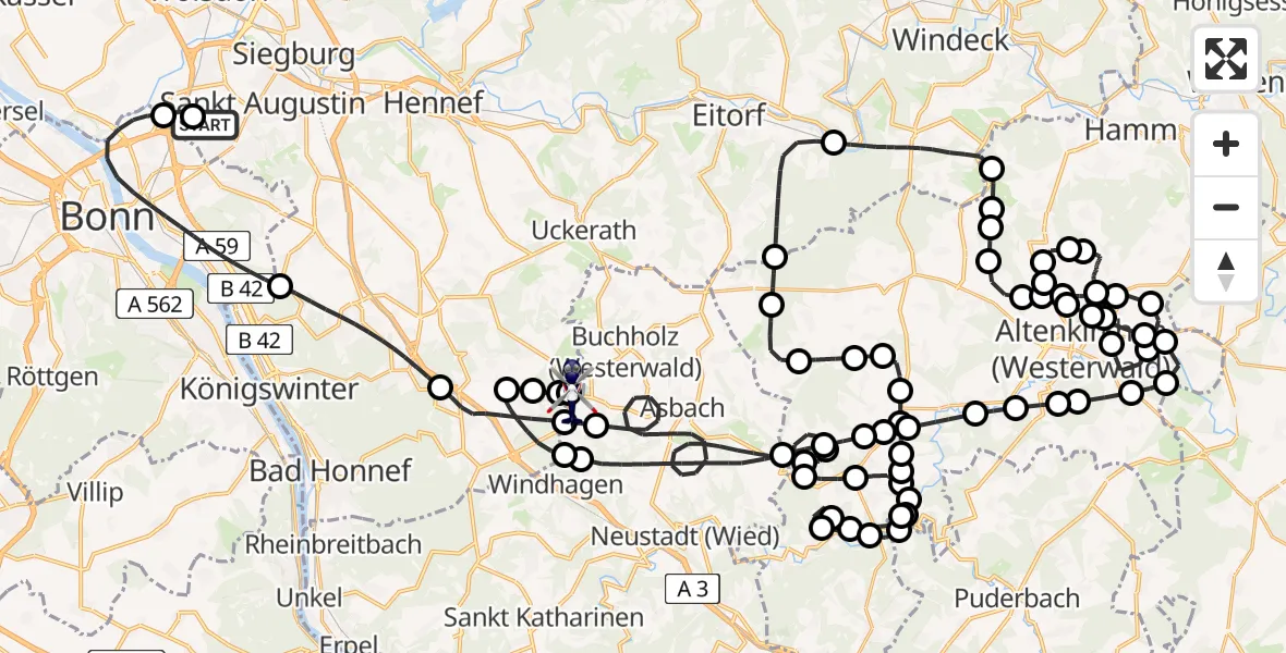 Flugroute Polizeihubschrauber Bonn-Hangelar Flugplatz - Eudenbach Segelflugfeld, 20 April 2026, 07:45