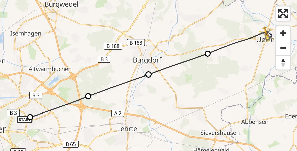 Flugroute Rettungshubschrauber Hannover Luftrettung Hubschrauberlandeplatz (Christoph 4) - Uetze, 20 April 2026, 07:46