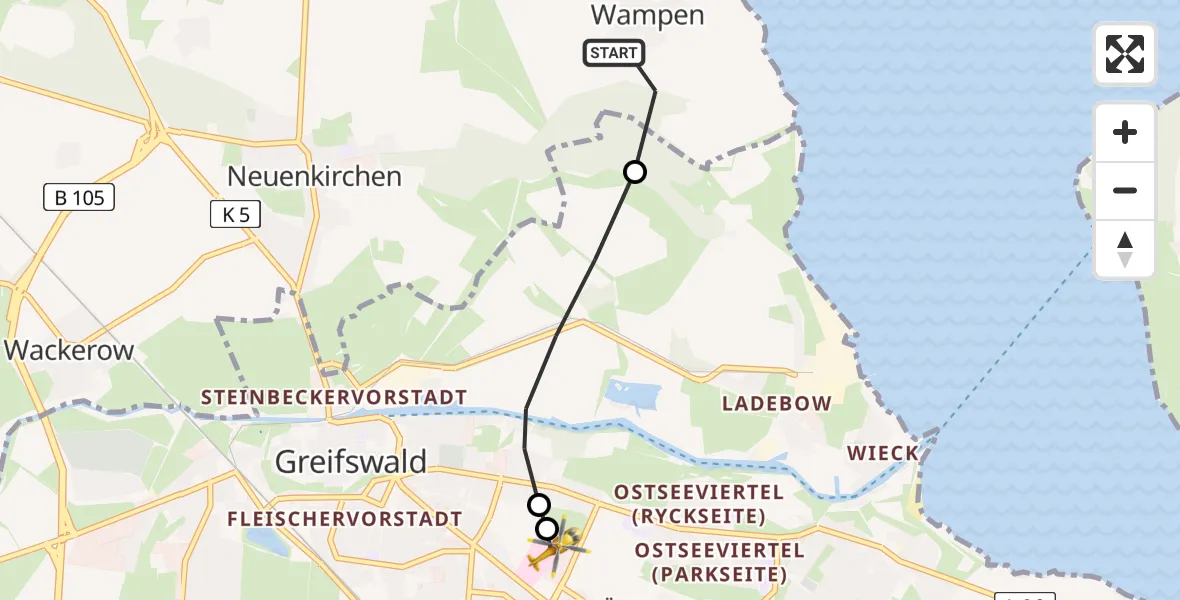 Flugroute Rettungshubschrauber Neuenkirchen - Greifswald Hospital, 20 April 2026, 07:58
