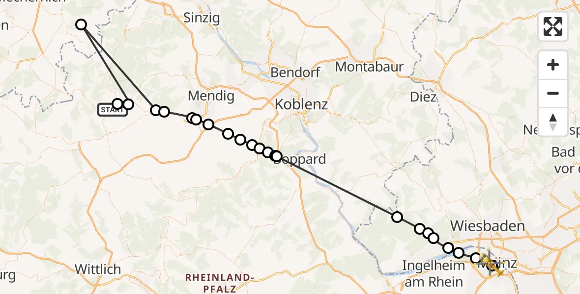 Flugroute Ambulanzhubschrauber Quiddelbach - Mainz University Hospital, 20 April 2026, 07:59