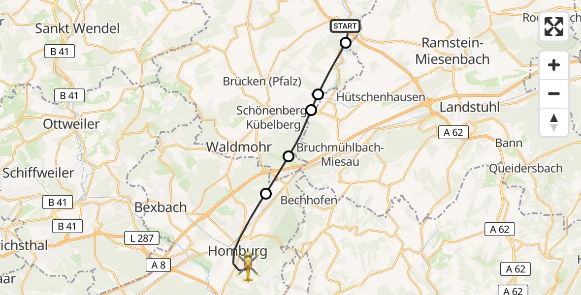 Flugroute Rettungshubschrauber Glan-Münchweiler - Homburg, 20 April 2026, 08:03