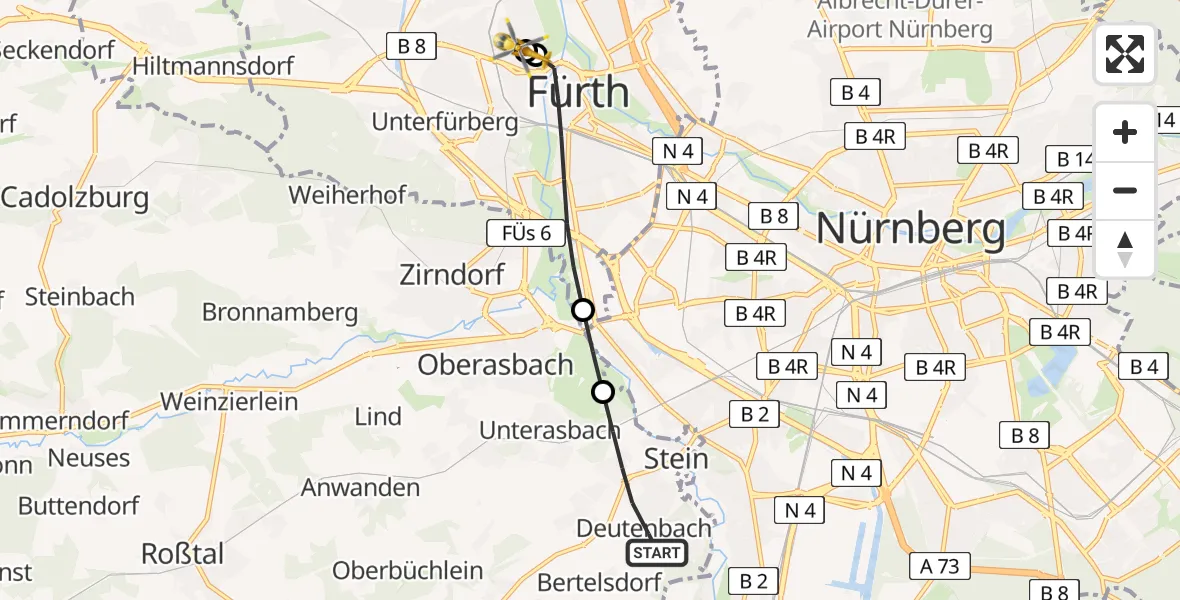 Flugroute Rettungshubschrauber Stein - Fürth Hospital, 20 April 2026, 08:03