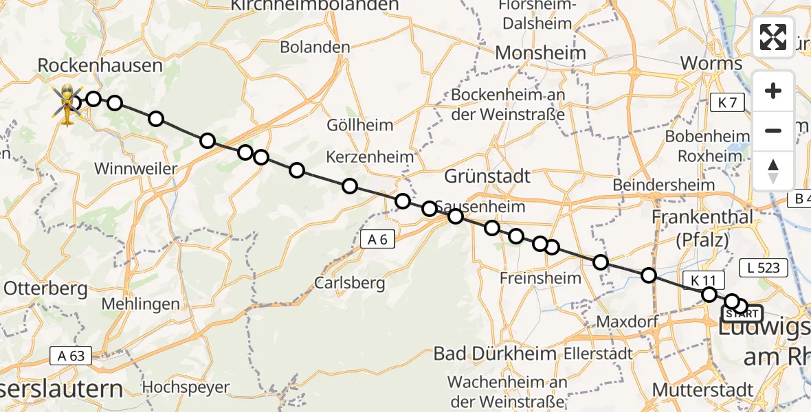 Flugroute Rettungshubschrauber Ludwigshafen Accident Hospital - Imsweiler UL, 20 April 2026, 08:09