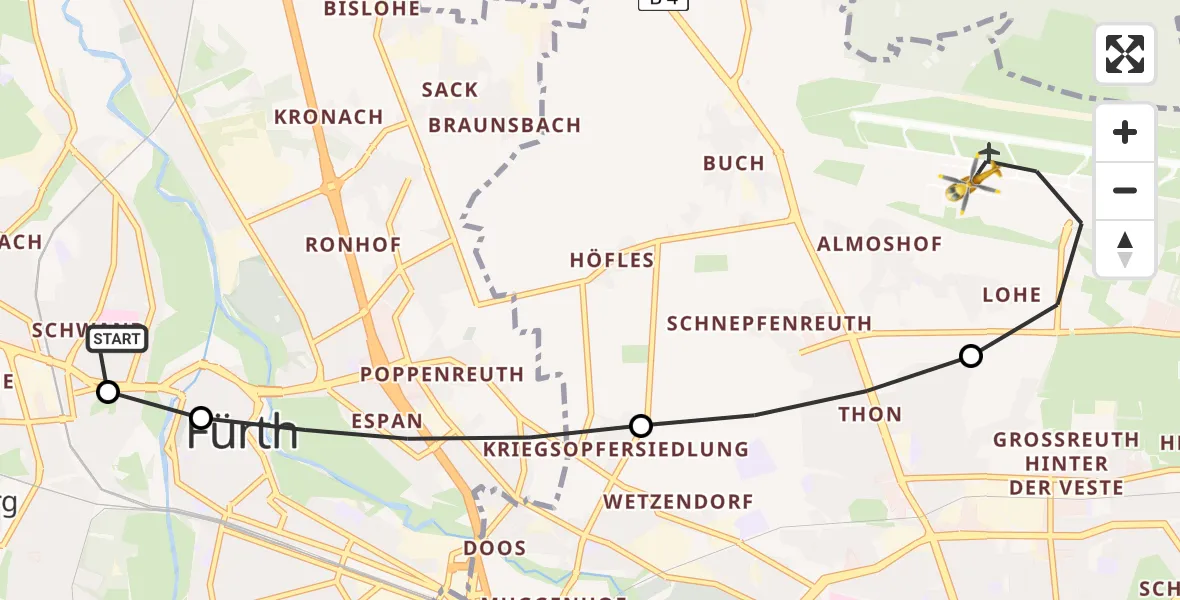 Flugroute Rettungshubschrauber Fürth Hospital - Flughafen Nuremberg, 20 April 2026, 08:29