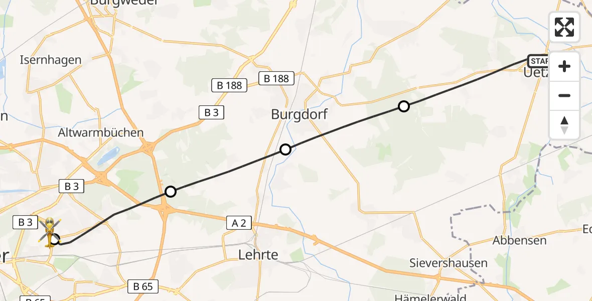 Flugroute Rettungshubschrauber Uetze - Hannover Luftrettung Hubschrauberlandeplatz (Christoph 4), 20 April 2026, 08:36