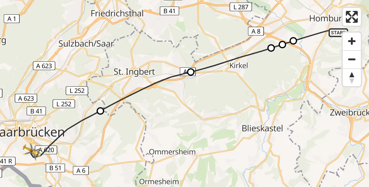 Flugroute Rettungshubschrauber Homburg - Saarbrücken, 20 April 2026, 08:41