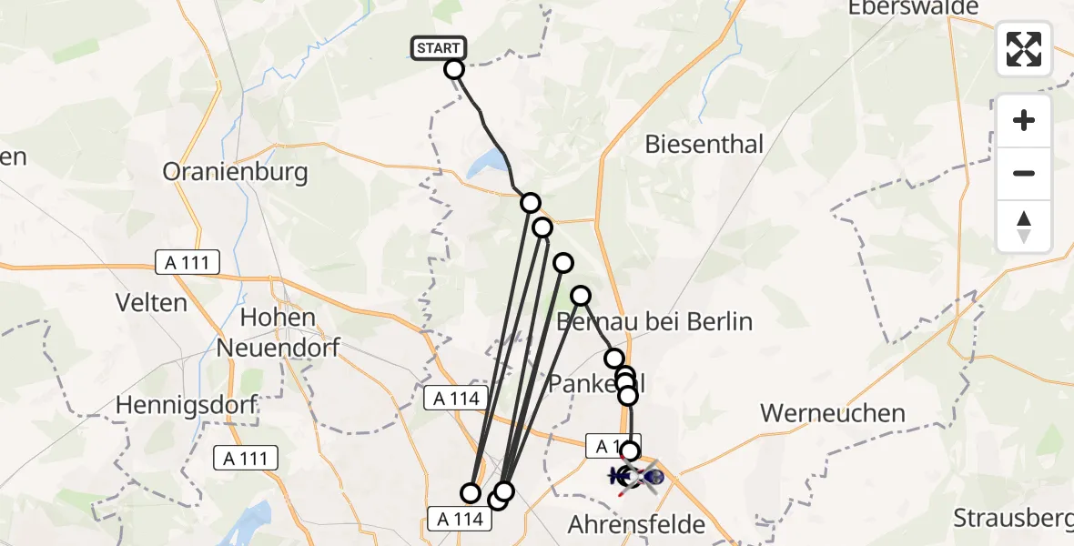 Flugroute Polizeihubschrauber Liebenwalde - Ahrensfelde Hubschrauberlandeplatz, 20 April 2026, 08:50