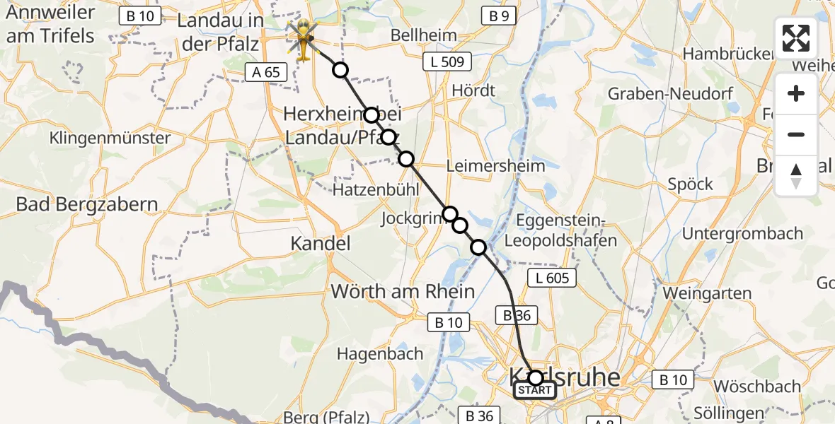 Flugroute Rettungshubschrauber Sankt Vincentius Hospital - Offenbach an der Queich, 20 April 2026, 09:00