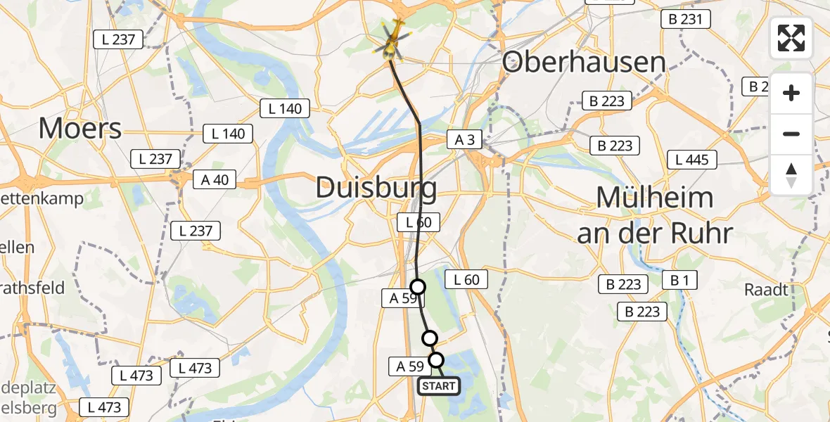 Flugroute Rettungshubschrauber Duisburg Air Rescue Hubschrauberlandeplatz (Christoph 9) - Duisburg, 20 April 2026, 09:02