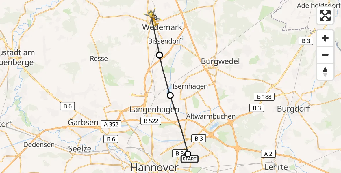 Flugroute Rettungshubschrauber Hannover Luftrettung Hubschrauberlandeplatz (Christoph 4) - Wedemark, 20 April 2026, 09:03