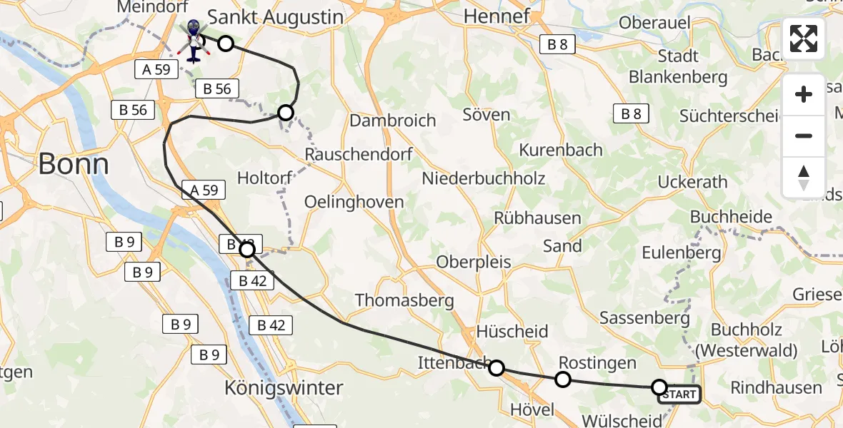 Flugroute Polizeihubschrauber Eudenbach Segelflugfeld - Sankt Augustin, 20 April 2026, 09:20