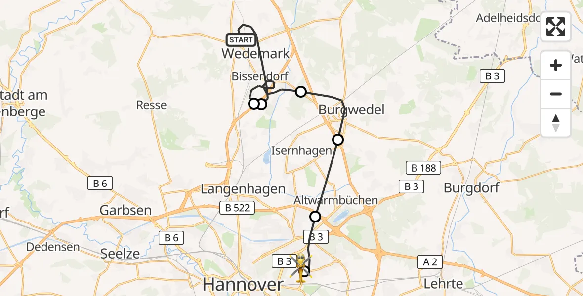 Flugroute Rettungshubschrauber Wedemark - Hannover Luftrettung Hubschrauberlandeplatz (Christoph 4), 20 April 2026, 09:26