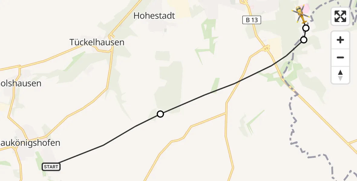 Flugroute Rettungshubschrauber Gaukönigshofen - Ochsenfurt Hospital, 20 April 2026, 09:45