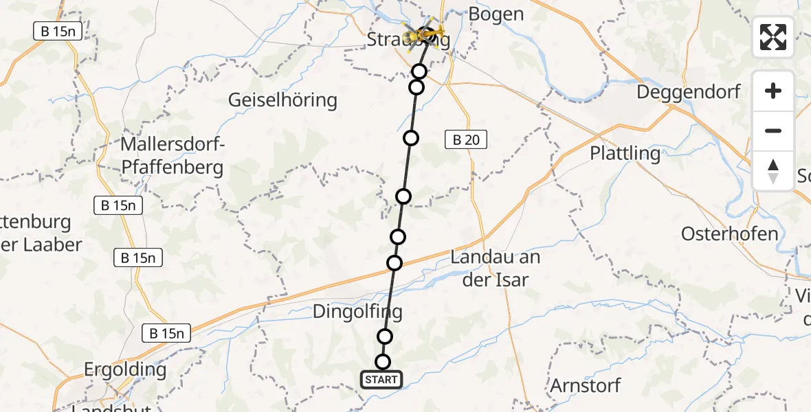 Flugroute Rettungshubschrauber Marklkofen - Sankt Elisabeth Hospital Straubing, 20 April 2026, 09:48