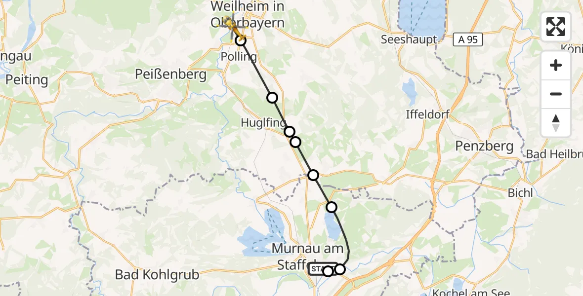 Flugroute Rettungshubschrauber Murnau Accident Hospital - Weilheim i.OB, 20 April 2026, 09:54