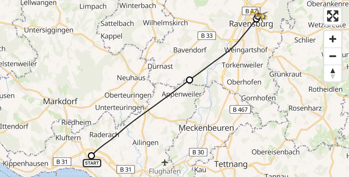 Flugroute Rettungshubschrauber Friedrichshafen Hospital - Sankt Elisabeth Hospital, 20 April 2026, 09:55