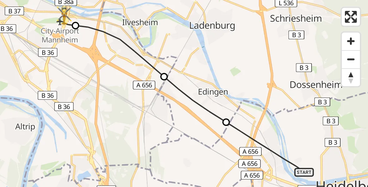 Flugroute Rettungshubschrauber Heidelberg - Mannheim-City Flughafen, 20 April 2026, 09:58