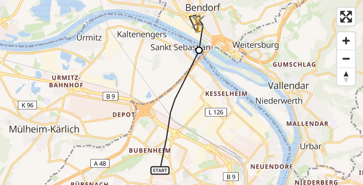 Flugroute Rettungshubschrauber Koblenz - Bendorf, 20 April 2026, 09:59