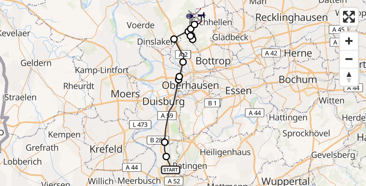 Flugroute Polizeihubschrauber Düsseldorf Flughafen - Bottrop, 20 April 2026, 09:59