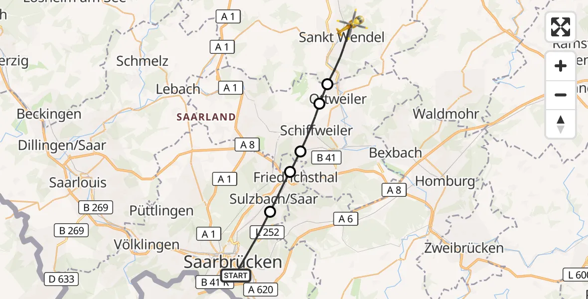 Flugroute Rettungshubschrauber Saarbrücken - St. Wendel, 20 April 2026, 10:07