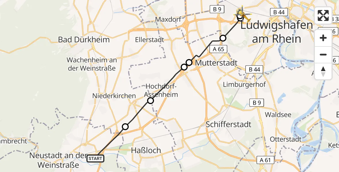 Flugroute Rettungshubschrauber Neustadt an der Weinstraße - Ludwigshafen Accident Hospital Hubschrauberlandeplatz, 20 April 2026, 10:10