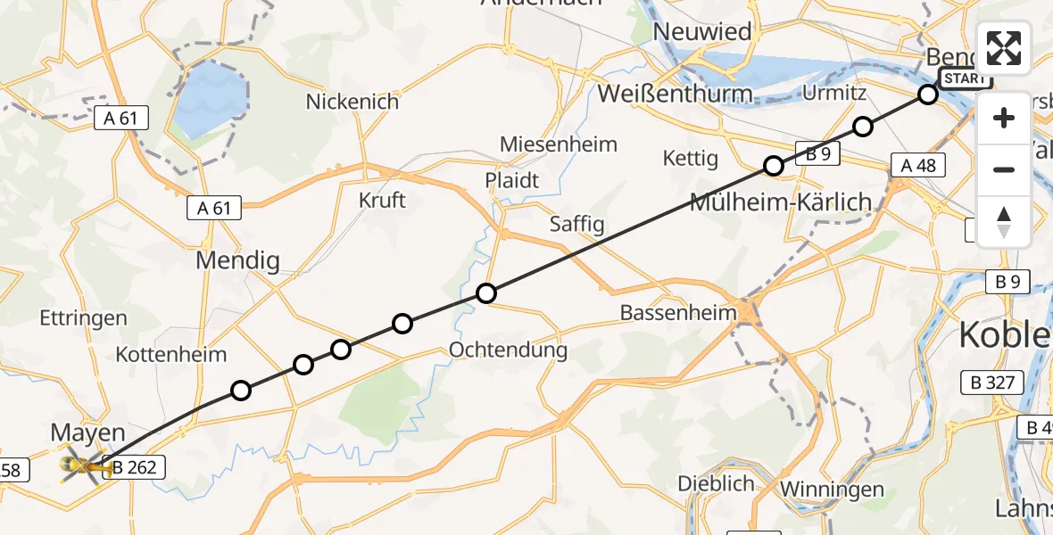Flugroute Rettungshubschrauber Bendorf - Mittlerhein Gemeinschaftskrankenhaus Sankt Elisabeth Mayen Hubschrauberlandeplatz, 20 April 2026, 10:22