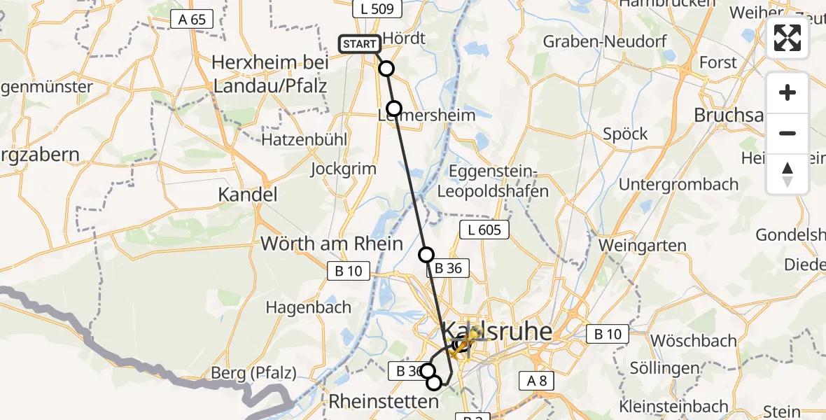 Flugroute Rettungshubschrauber Rülzheim - Sankt Vincentius Hospital, 20 April 2026, 10:23