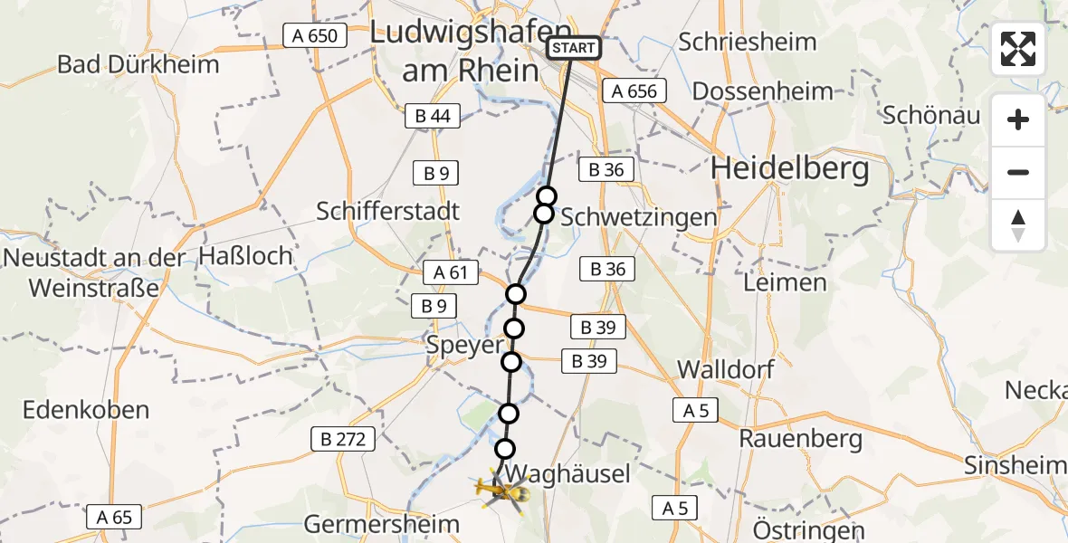 Flugroute Rettungshubschrauber Mannheim-City Flughafen - Philippsburg, 20 April 2026, 10:25