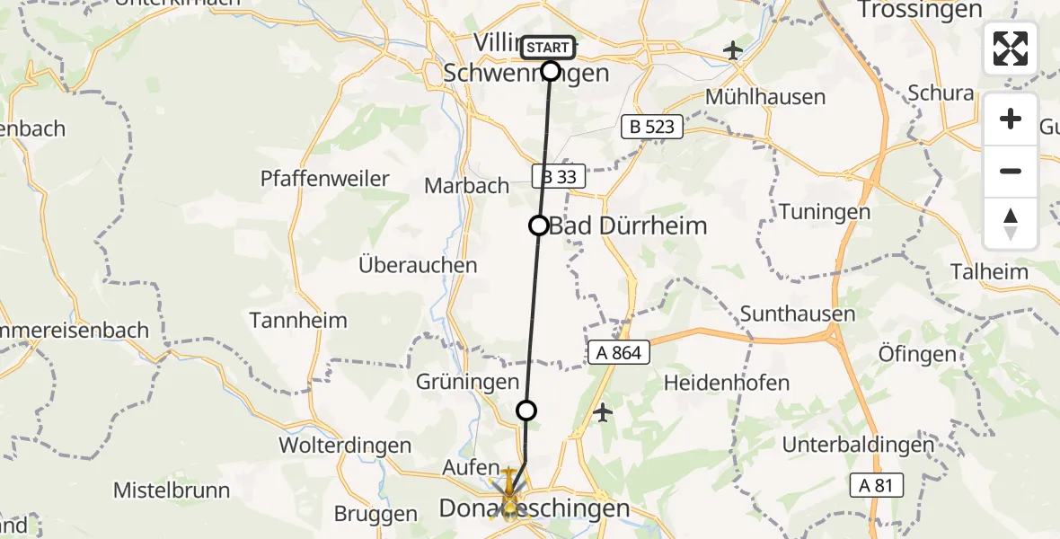Flugroute Rettungshubschrauber DRF Air Rescue Station Villingen-Schwenningen Hubschrauberlandeplatz (Christoph 11) - Donaueschingen, 20 April 2026, 10:56