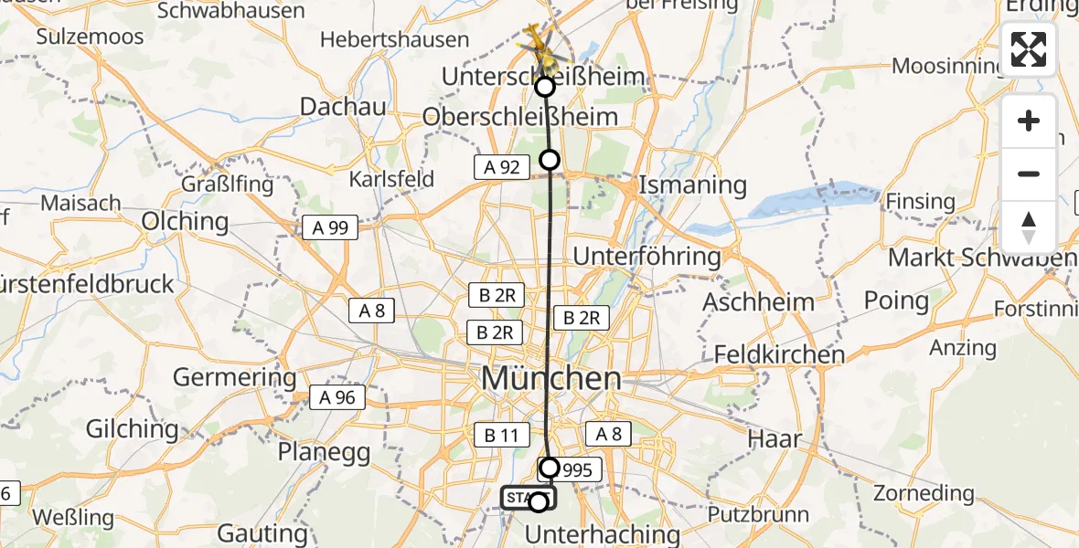 Flugroute Rettungshubschrauber ADAC Air Rescue Center Hubschrauberlandeplatz (Christoph 1) - Unterschleißheim, 20 April 2026, 10:58