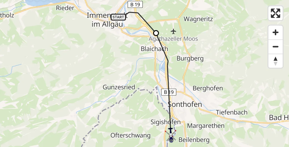 Routekaart van de vlucht: Polizeihubschrauber nach Ofterschwang, B 19
