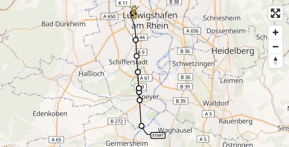 Flugroute Rettungshubschrauber Philippsburg - Ludwigshafen Accident Hospital, 20 April 2026, 11:11