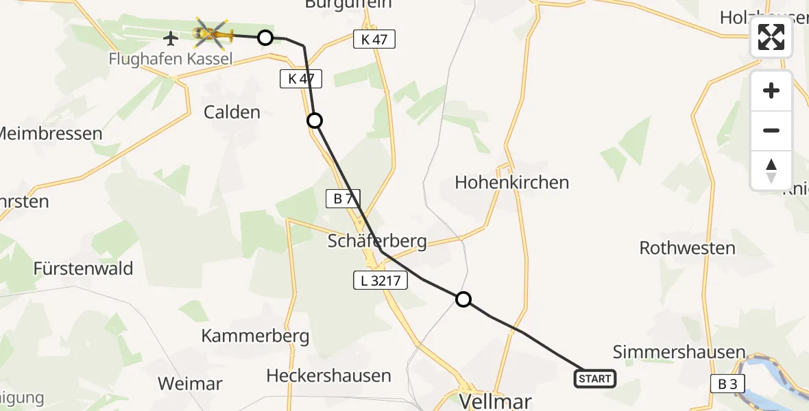 Flugroute Ambulanzhubschrauber Vellmar - Kassel Flughafen, 20 April 2026, 11:13