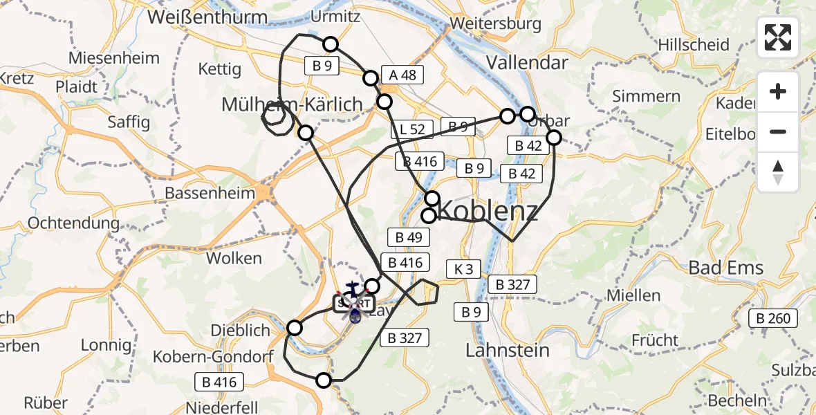 Flugroute Polizeihubschrauber Koblenz-Winningen Flugplatz - Koblenz-Winningen Flugplatz, 20 April 2026, 11:21