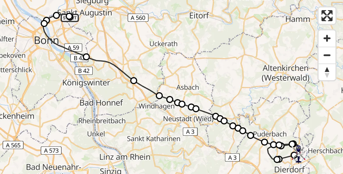 Flugroute Polizeihubschrauber Sankt Augustin - Dierdorf, 20 April 2026, 11:26
