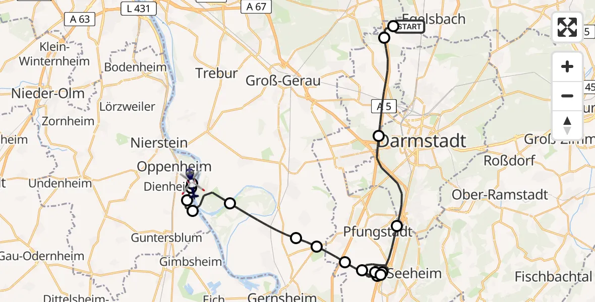 Flugroute Polizeihubschrauber Flughafen Frankfurt-Egelsbach - Oppenheim Flugplatz, 20 April 2026, 11:30