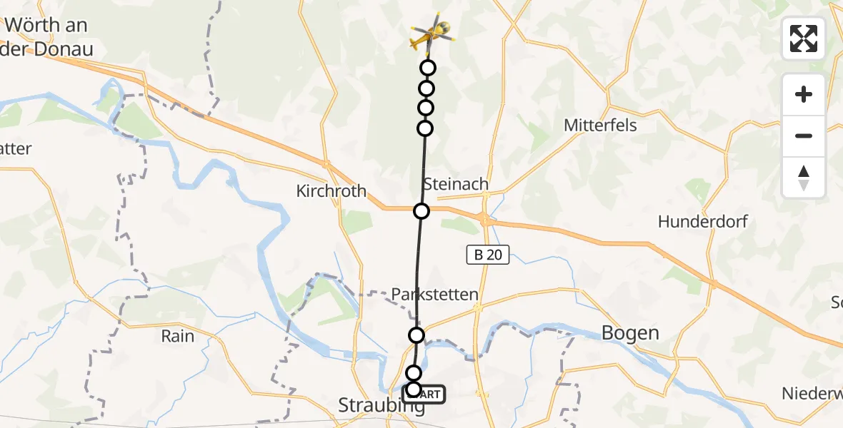 Flugroute Rettungshubschrauber Sankt Elisabeth Hospital Straubing - Falkenfels, 20 April 2026, 11:31