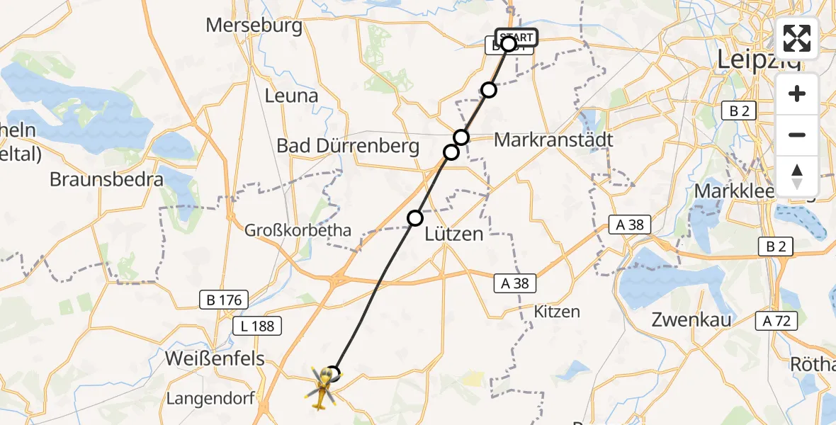 Flugroute Rettungshubschrauber ADAC Air Rescue Station Leipzig/Schkeuditz-Dölzig Hubschrauberlandeplatz (Christoph 61) - Hohenmölsen, 20 April 2026, 11:45