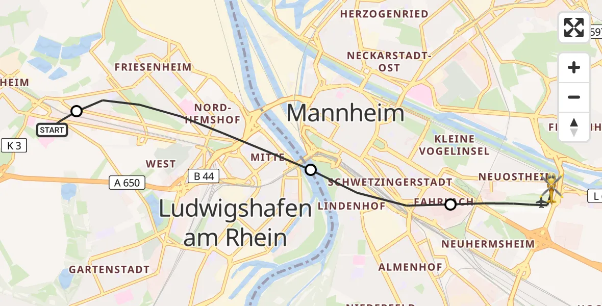 Flugroute Rettungshubschrauber Ludwigshafen Accident Hospital - Mannheim-City Flughafen, 20 April 2026, 11:48
