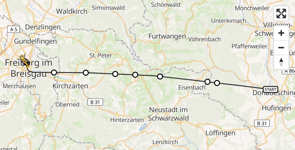 Flugroute Rettungshubschrauber Donaueschingen - Freiburg University Hospital Heliport 1, 20 April 2026, 11:53