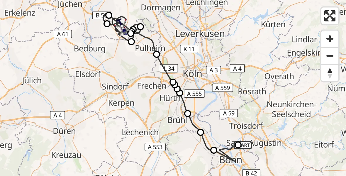 Flugroute Polizeihubschrauber Sankt Augustin - Rommerskirchen, 20 April 2026, 11:55